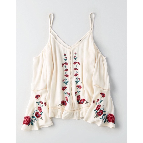 American Eagle Outfitters Tops - AE Cold Shoulder Floral Embroidered Blouse